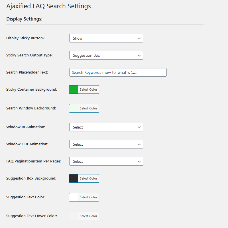 Ajaxified FAQ Search Settings