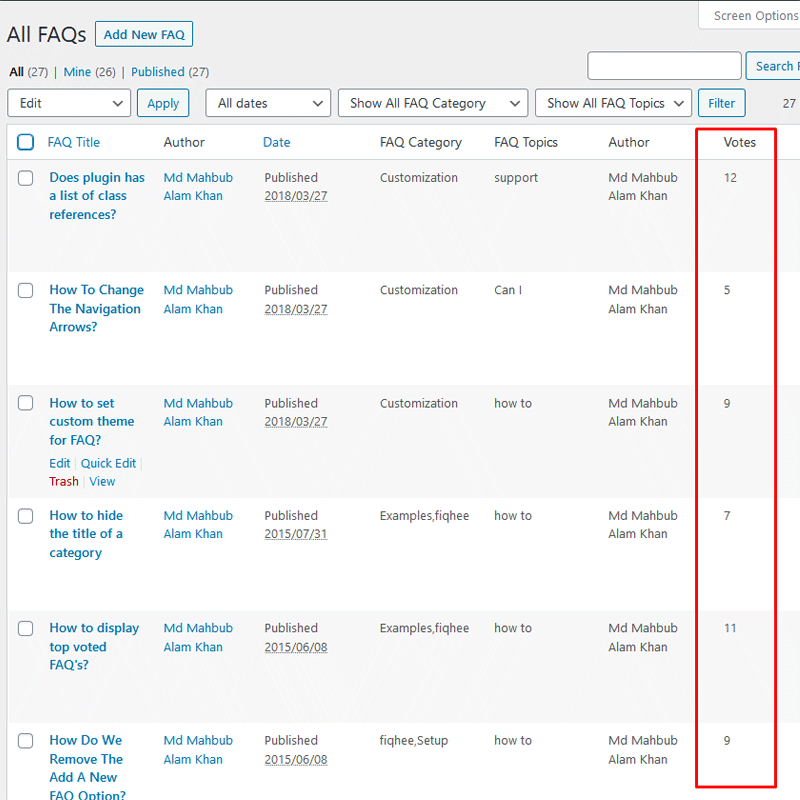 FAQ Votes Count Column